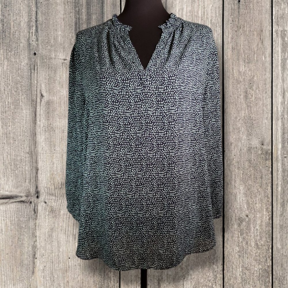 LOFT Dark Blue with Light Green Polka Dots Ruffle V-Neck Hi-Low Hem Top